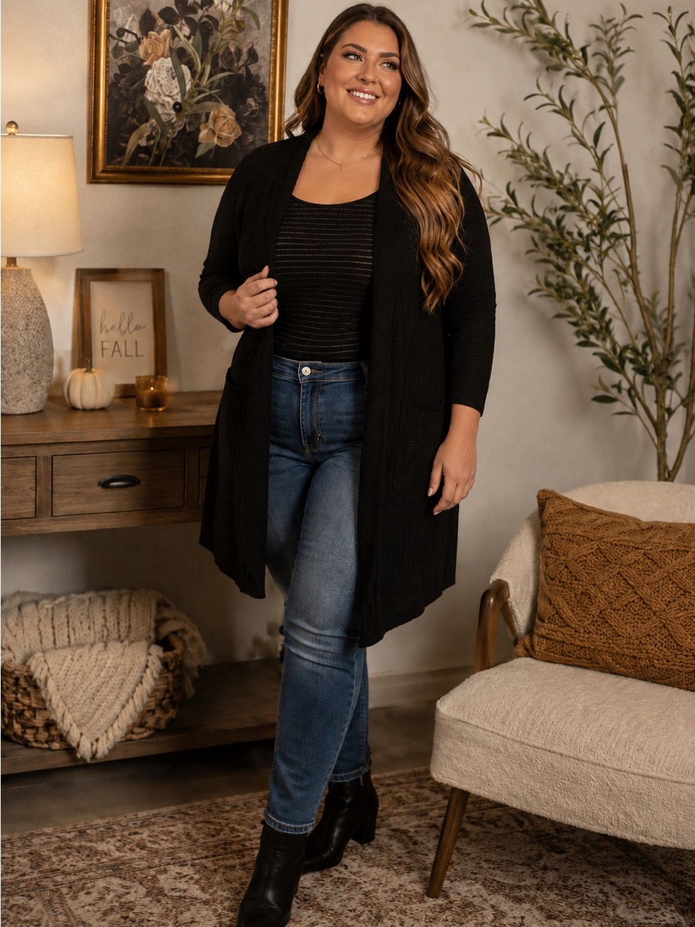 Belldini 3X Black Open Front Duster Cardigan Textured Knit Plus Size